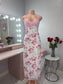 Pink flower lace slit maxi dress