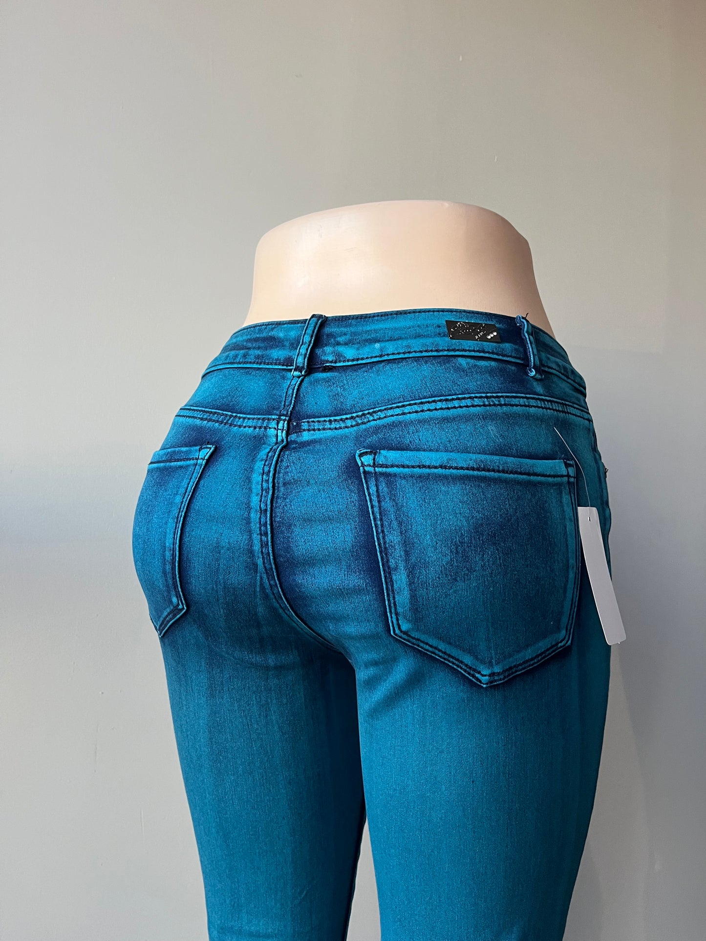 Colombian Jeans Green Blue Color One button Booty-Lift