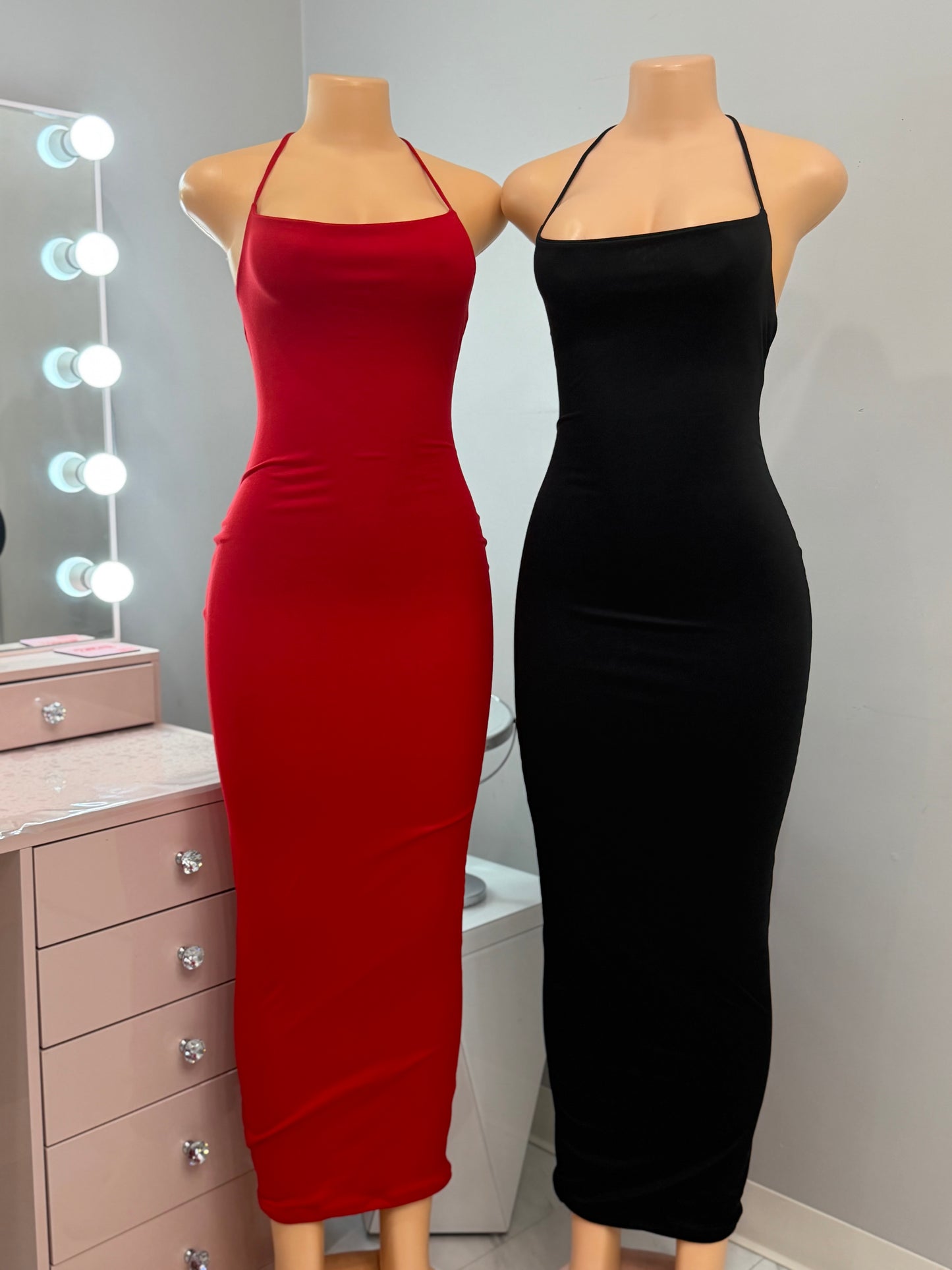 Tie Shoulder Ruched Maxi Dress *Red & Black*
