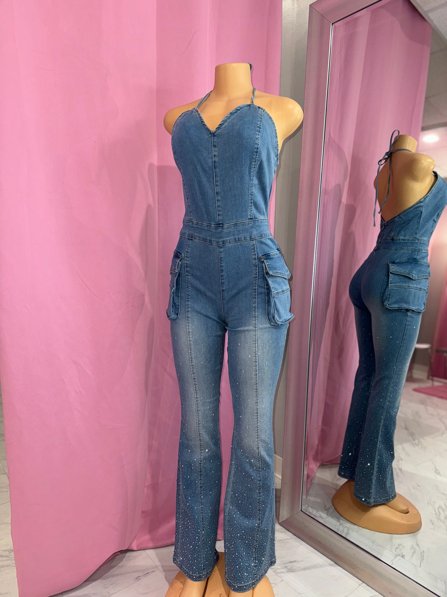 Halter rhinestone denim flare jumpsuit