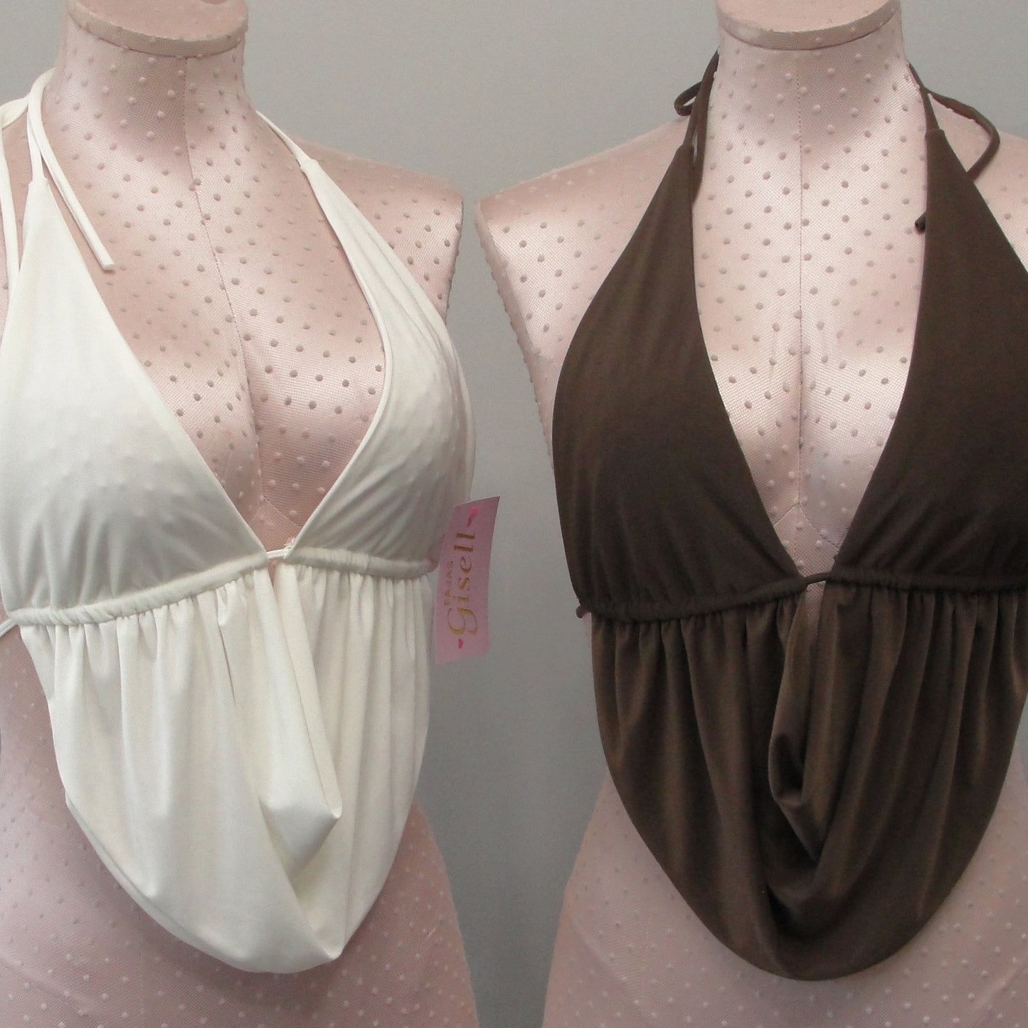 Tie back and halter Top *ivory & brown*