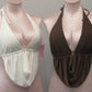 Tie back and halter Top *ivory & brown*