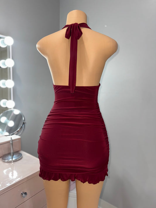 Burgundy gold detail mink dress