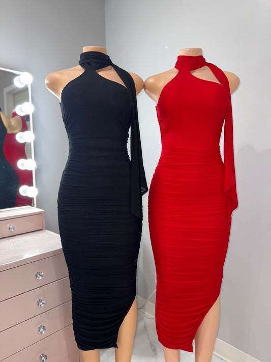 Mesh midi dress with scarf