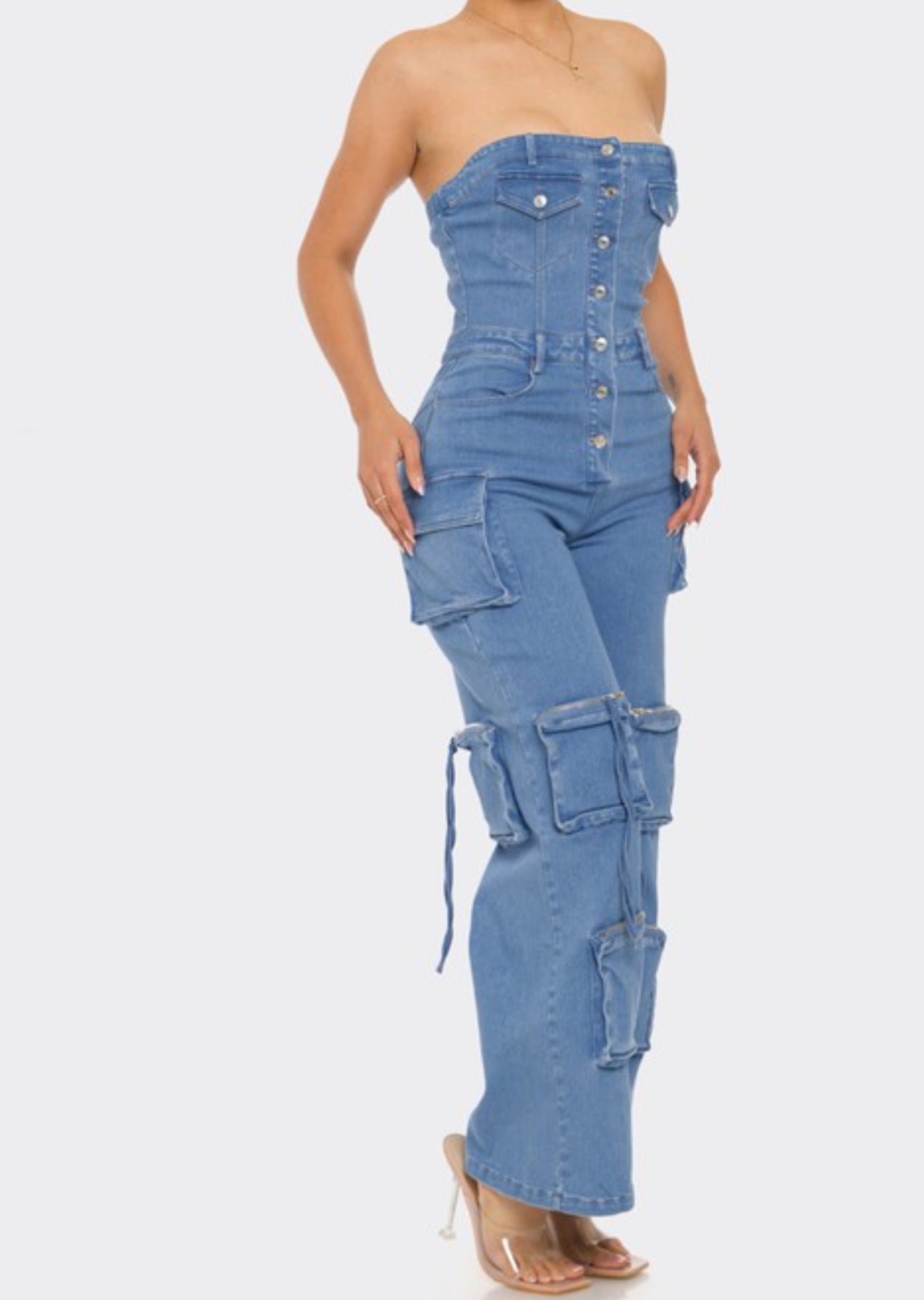 Denim Cargo Jumpsuit (Medium Blue)