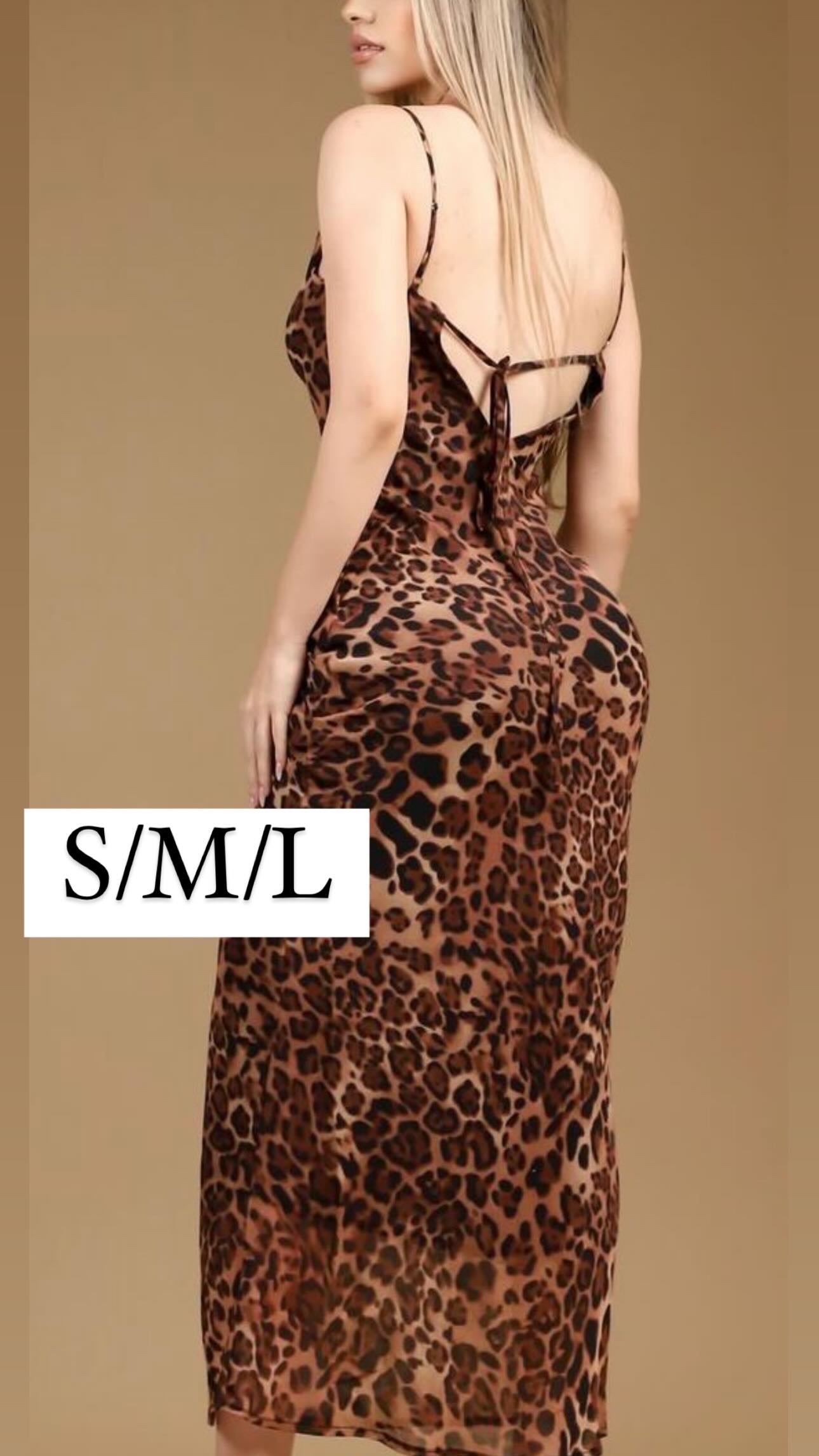 Leopard mesh midi dress tie back