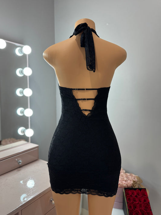 Black lace halter mini dress SMALL