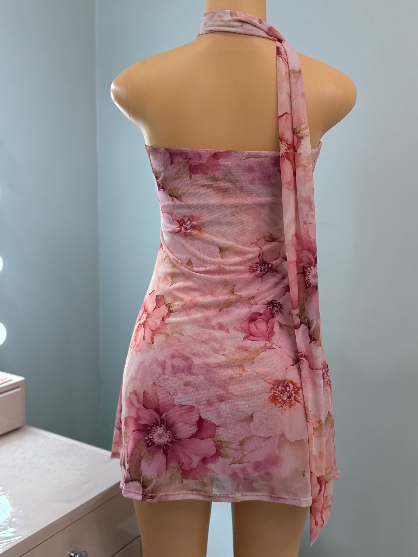 Floral Pink Mesh Mini Dress with Scarf
