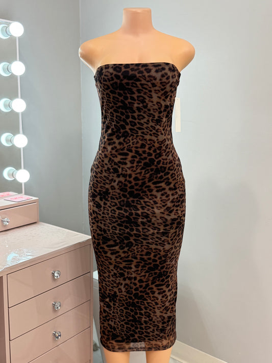 Leopard Mesh Tube Midi Dress