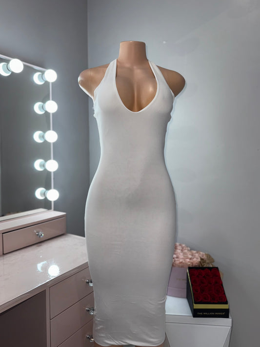 white double layer halter midi dress