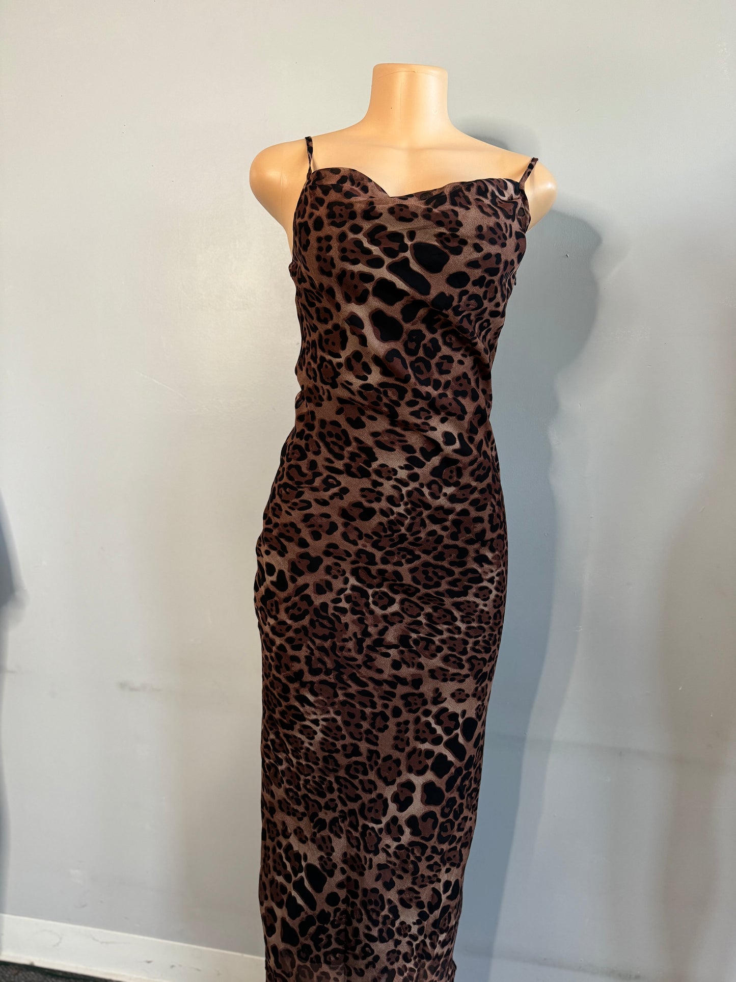 Leopard mesh midi dress tie back