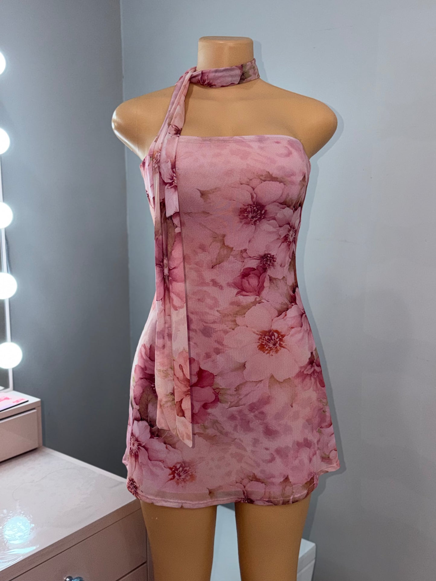 Floral Pink Mesh Mini Dress with Scarf