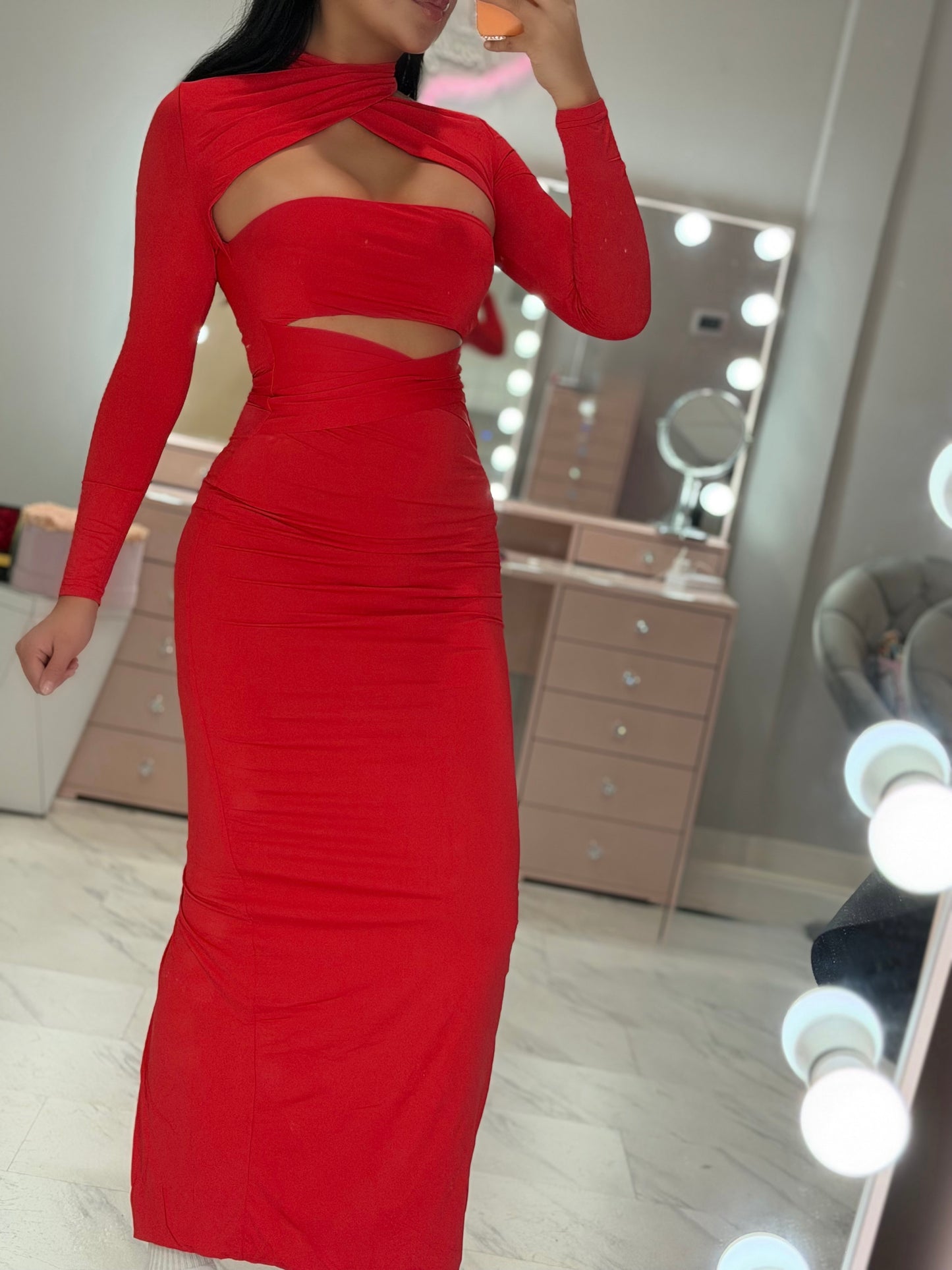 Cutout long sleeve spandex double layer maxi dress