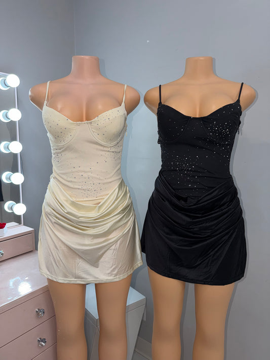 Rhinestone Silk Ruffle Mini Dress *Biege and Black*