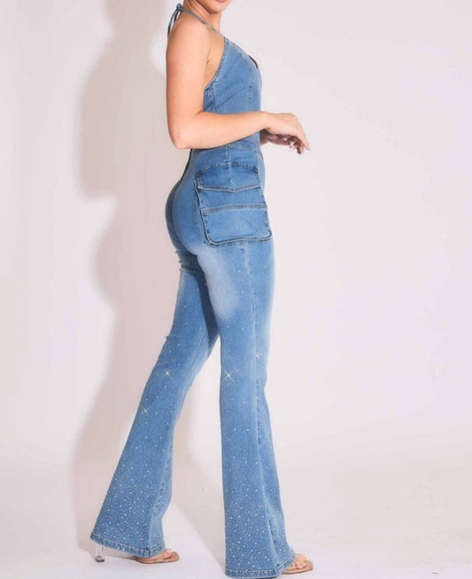 Halter rhinestone denim flare jumpsuit