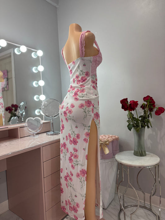 Pink flower lace slit maxi dress