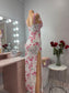 Pink flower lace slit maxi dress