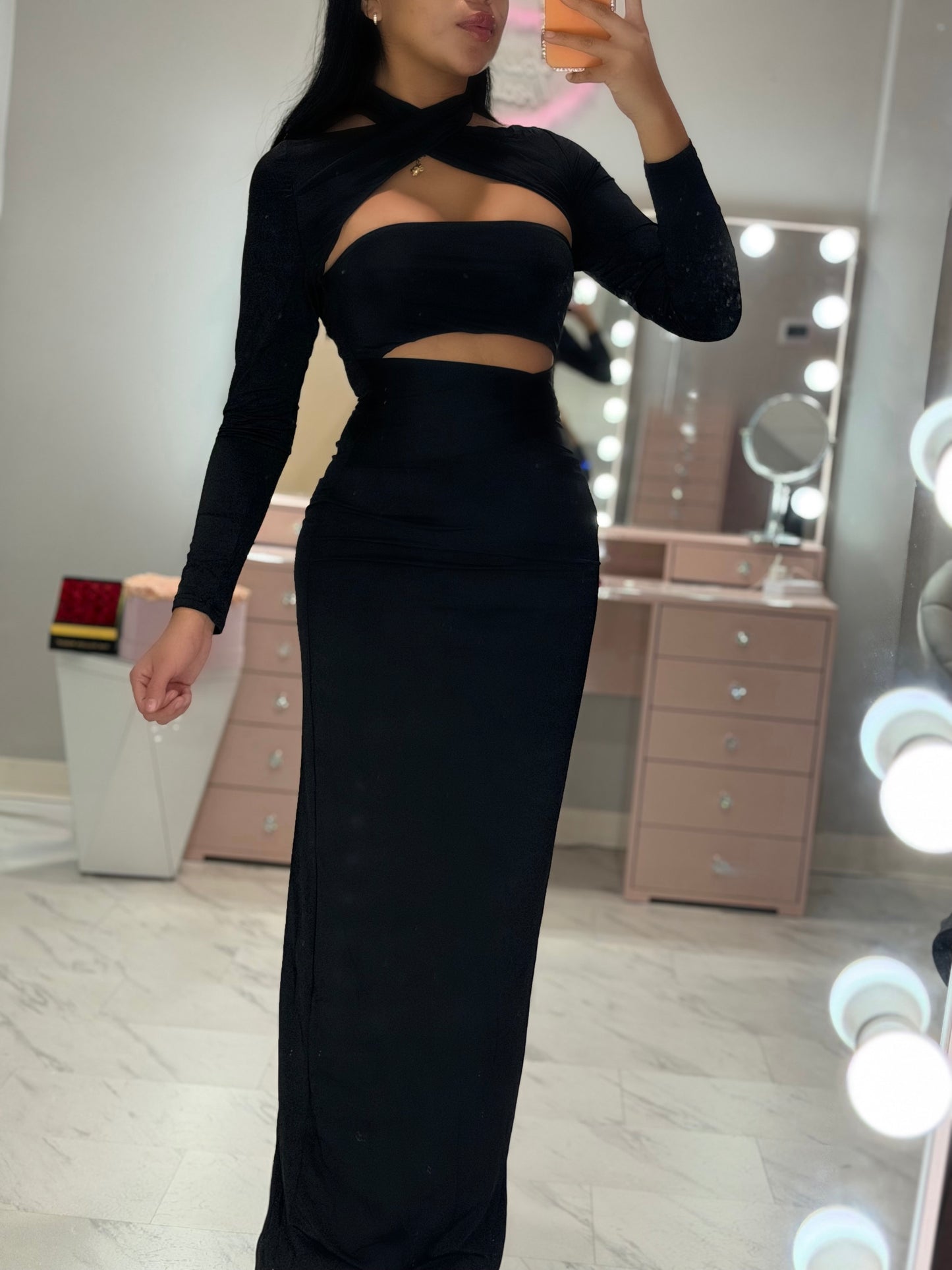 Cutout long sleeve spandex double layer maxi dress