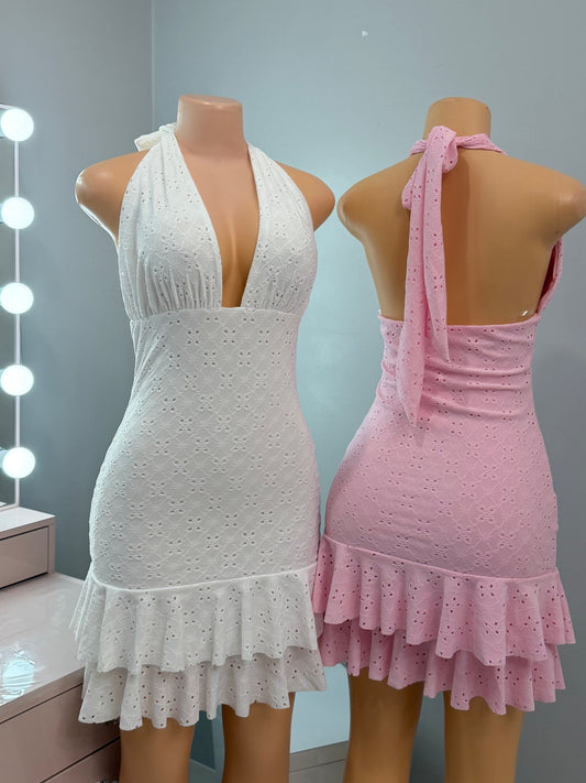 Halter Ruffle Mini Dress *Pink & White*