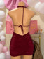 Halter Deep Plunge Glitter Mini Dress *burgundy and black