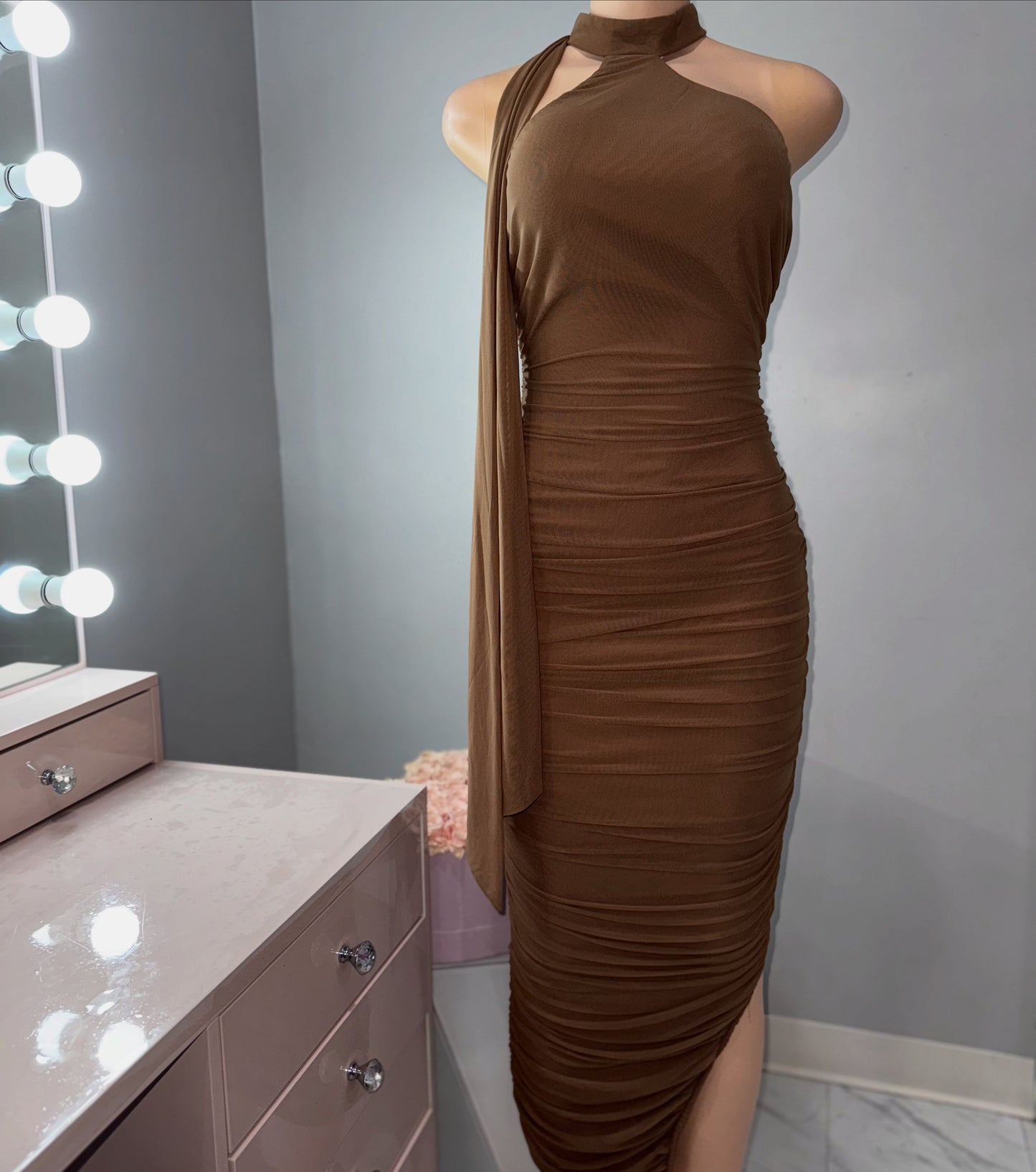 Mesh midi dress with scarf