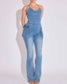 Halter rhinestone denim flare jumpsuit