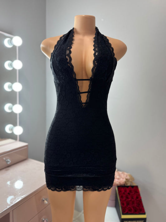 Black lace halter mini dress SMALL