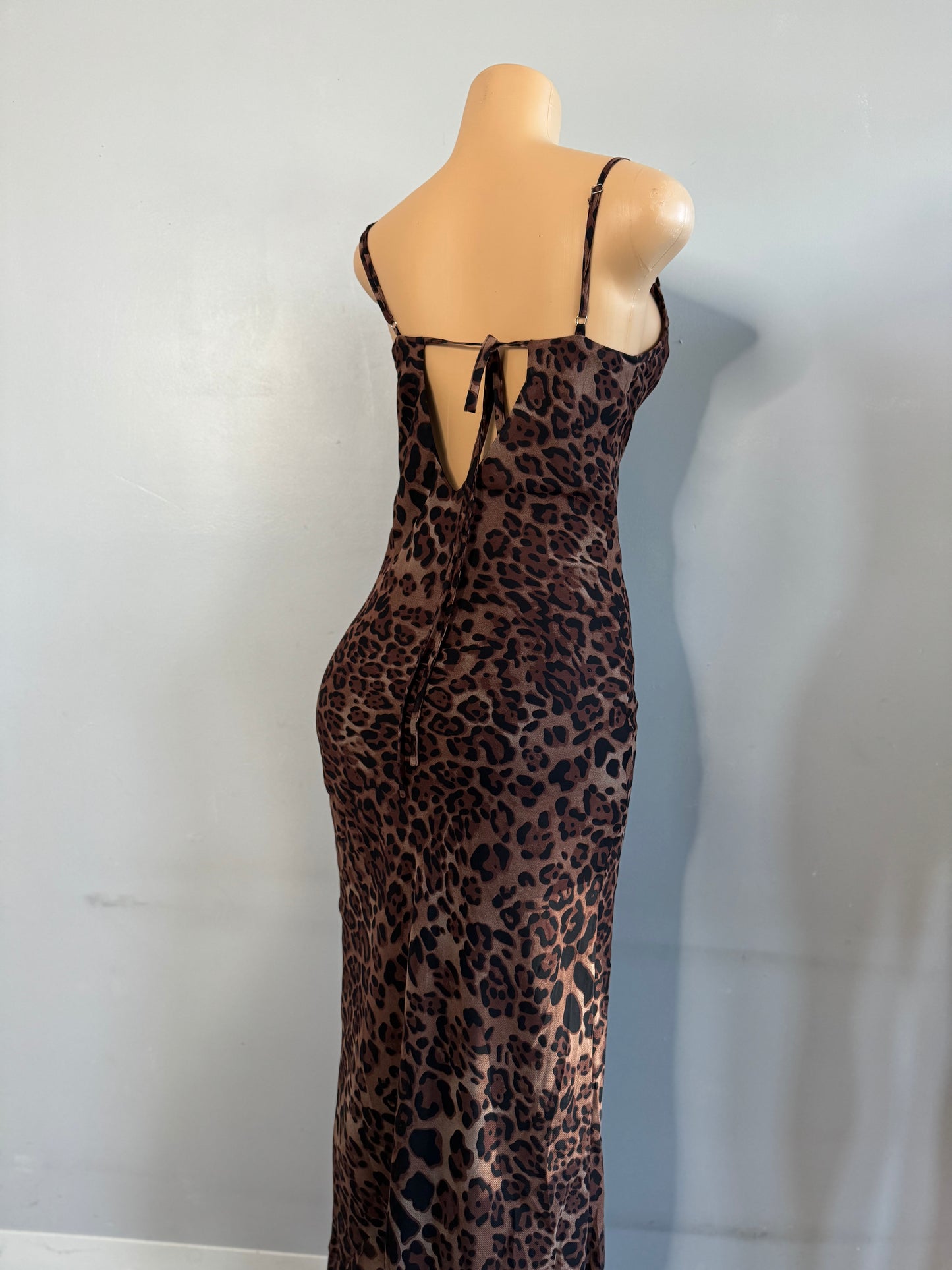 Leopard mesh midi dress tie back