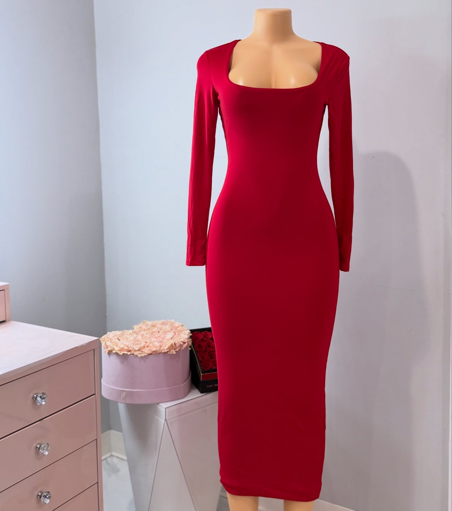 Red long sleeve maxi dress