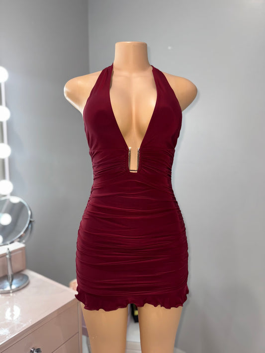 Burgundy gold detail mink dress