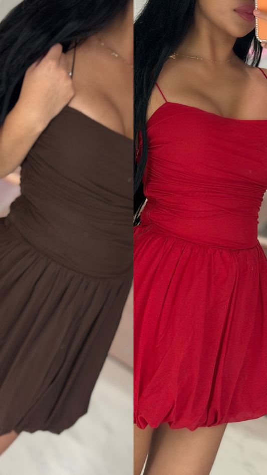 Brown and red mesh bubble mini dress