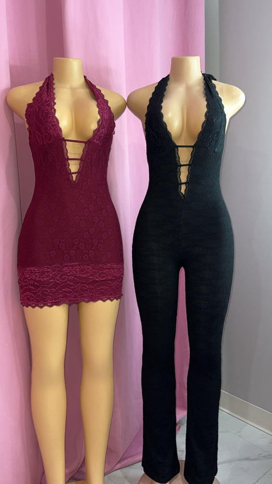 Black lace halter jumpsuit