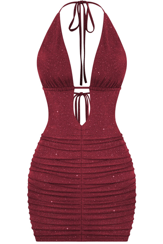 Halter Deep Plunge Glitter Mini Dress *burgundy and black