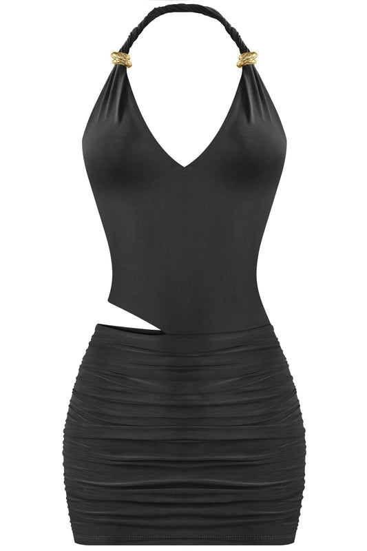 Black gold detail mini dress