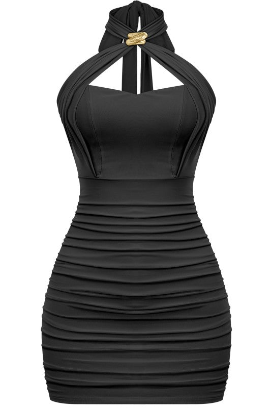 Halter Ruched Gold Detail Mini Dress