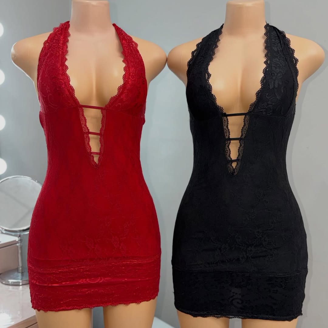 Lace Mini Halter Dress *Black and Red*
