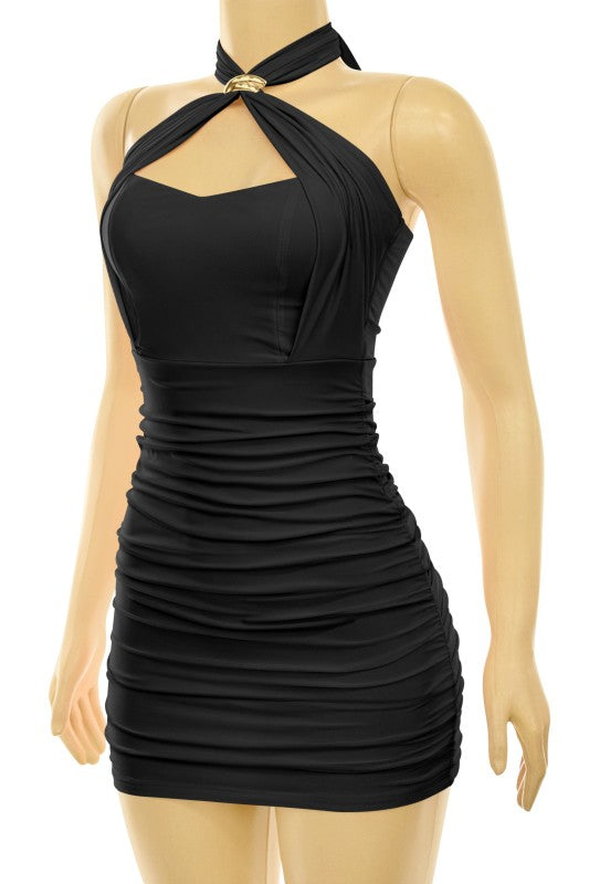 Halter Ruched Gold Detail Mini Dress