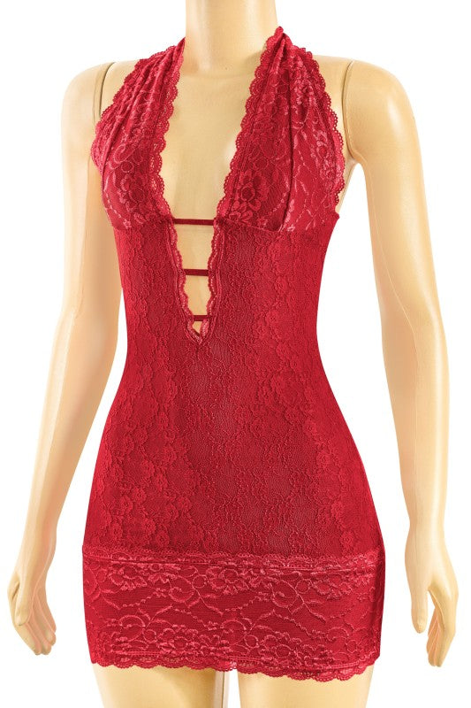 Lace Mini Halter Dress *Black and Red*