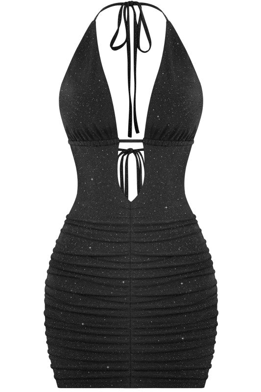 Halter Deep Plunge Glitter Mini Dress *burgundy and black