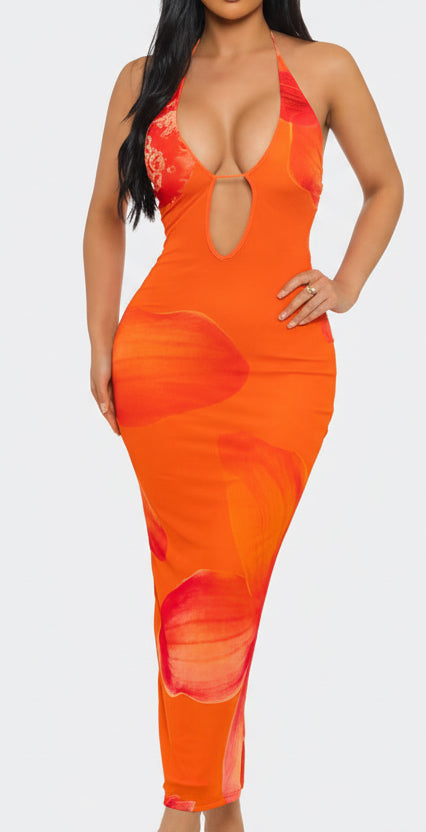 Orange Floral Mesh Midi Dress