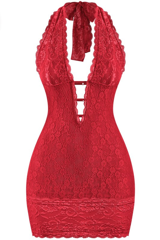 Lace Mini Halter Dress *Black and Red*