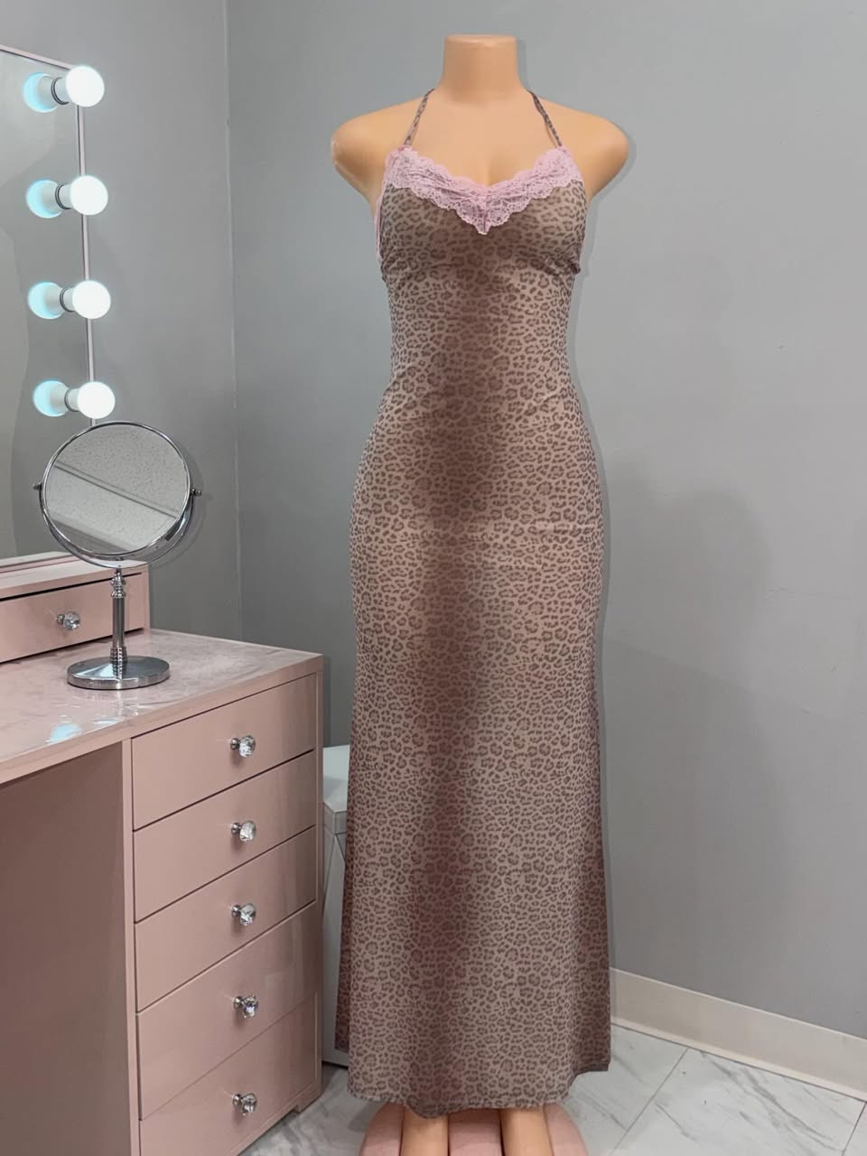 Pink Lace Leopard Halter Maxi Dress