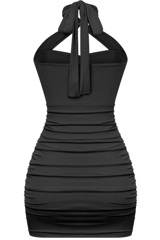 Halter Ruched Gold Detail Mini Dress