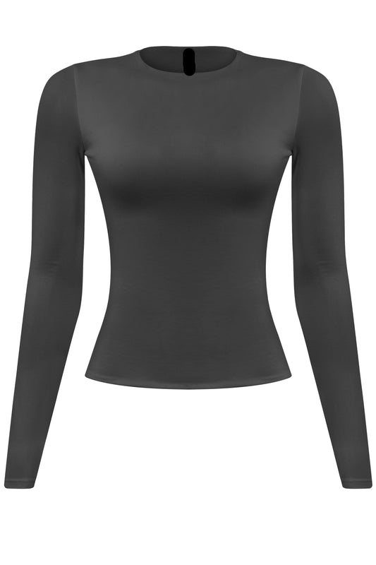 Black Long Sleeve Round Neck Solid Basic Top