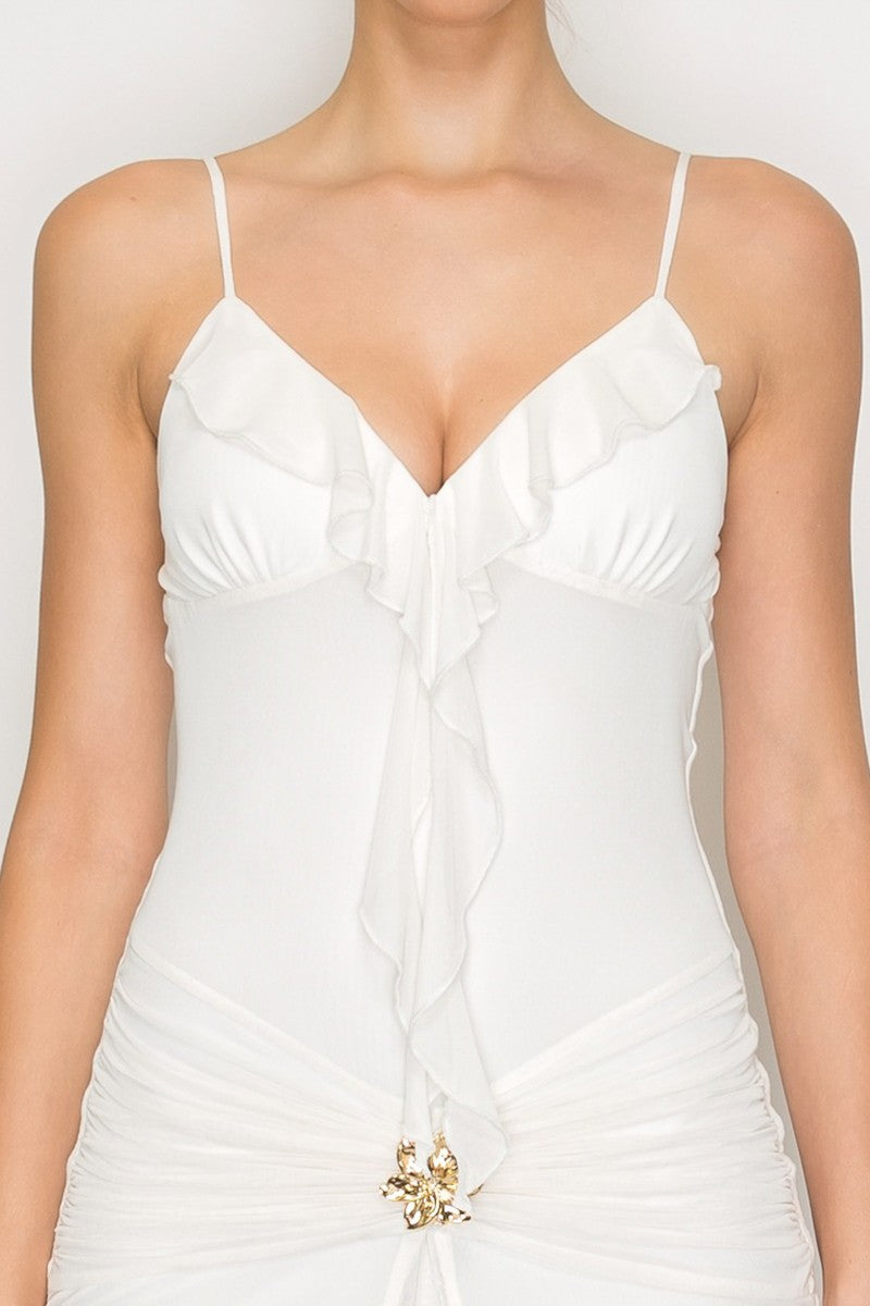 Ruffle Gold Detail Mesh Maxi Dress *ivory*
