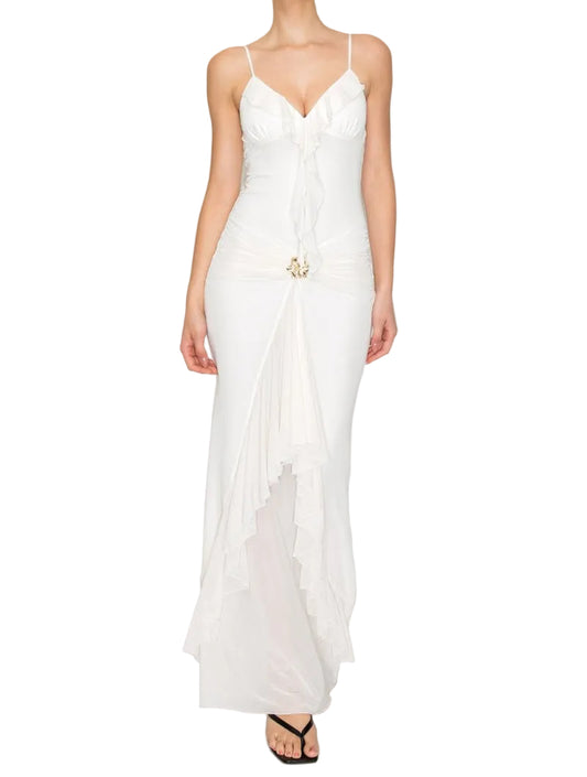 Ruffle Gold Detail Mesh Maxi Dress *ivory*