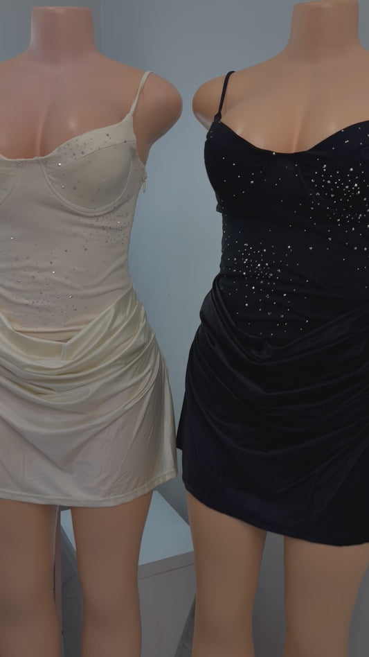 Rhinestone Silk Ruffle Mini Dress *Biege and Black*